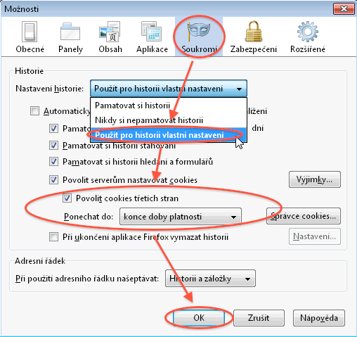 Návod - jak povolit cookies - Firefox - nabídka Soukromí