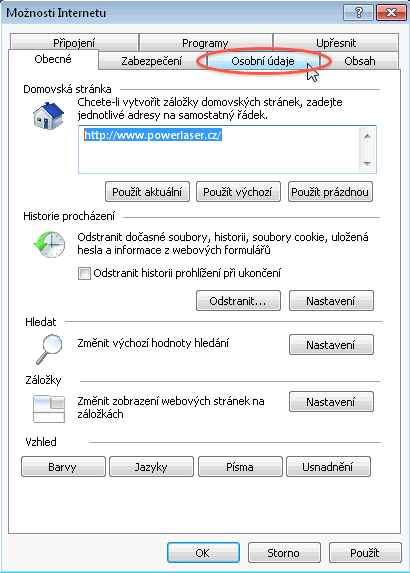 Návod - jak povolit cookies - nabídka Možnosti internetu
