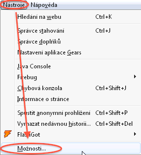 Návod - jak povolit javascript - Firefox - menu
